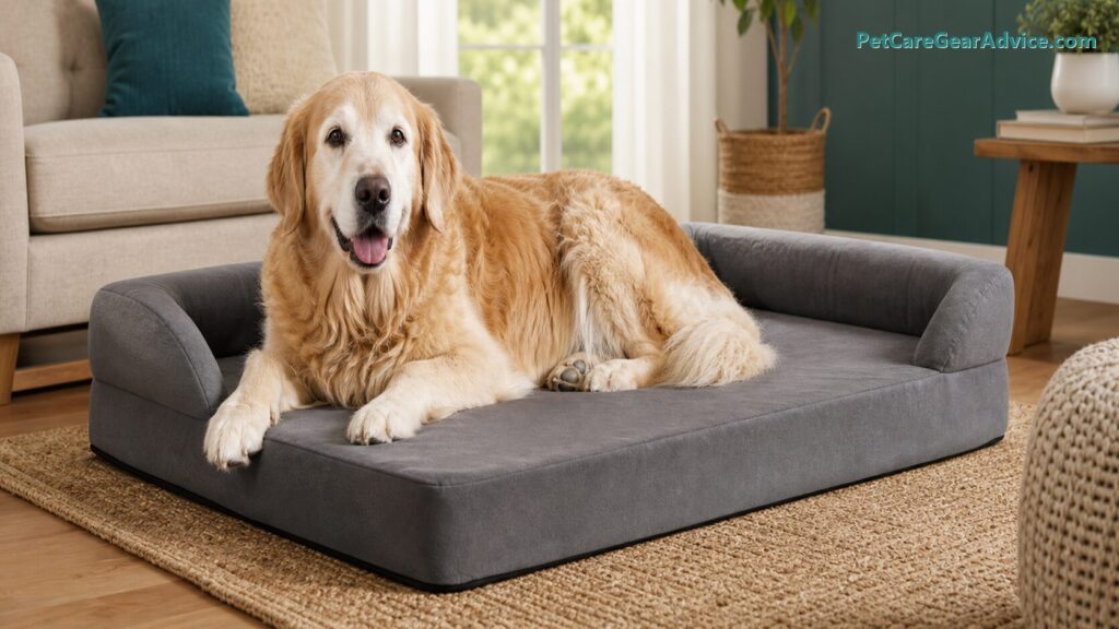 Large older dog resting on a roomy low-entry dog bed