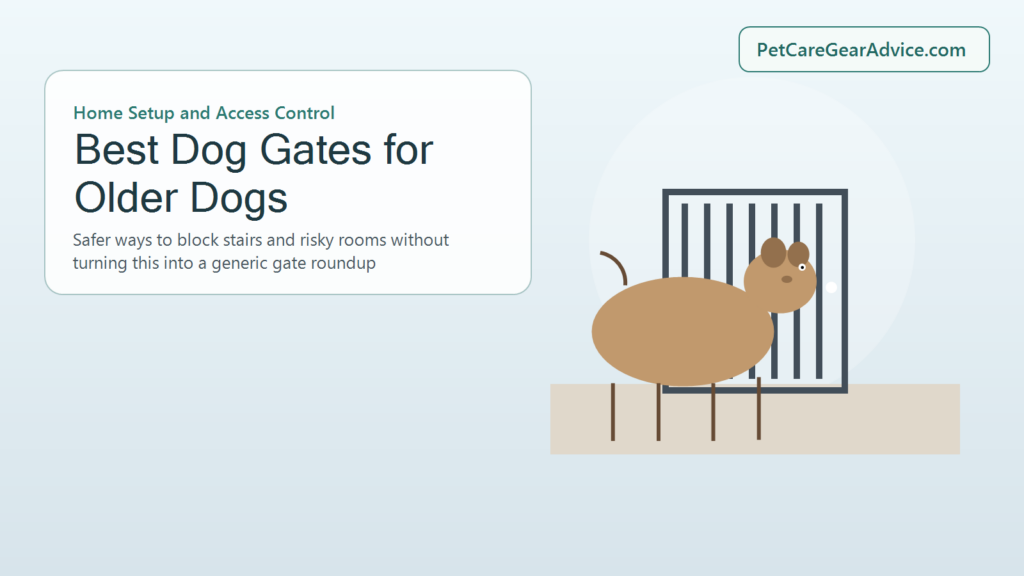 Older dog near a hallway gate blocking access to stairs