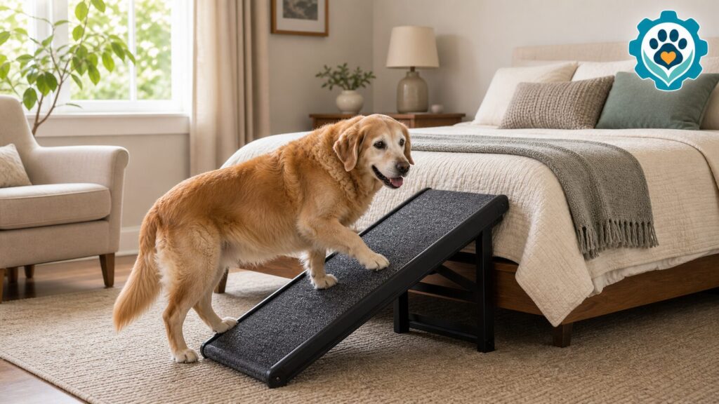 Older dog near a bed with a sturdy ramp for safer access