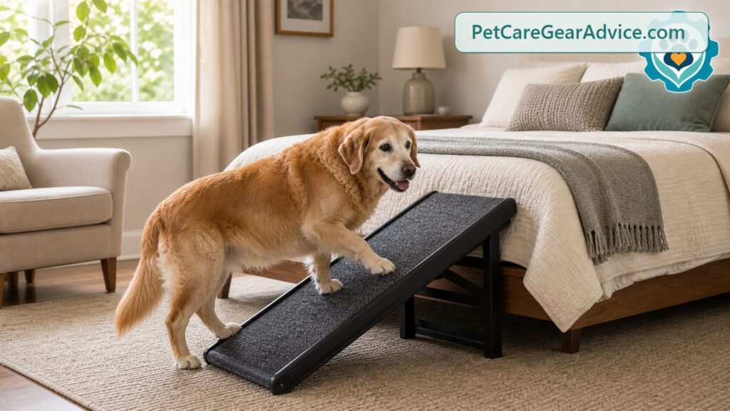 Senior dog using a gentle indoor ramp safely