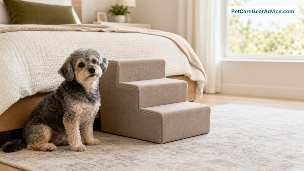 Small senior dog beside dog stairs near a bed