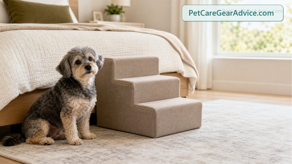 Small senior dog using low dog stairs beside a bed