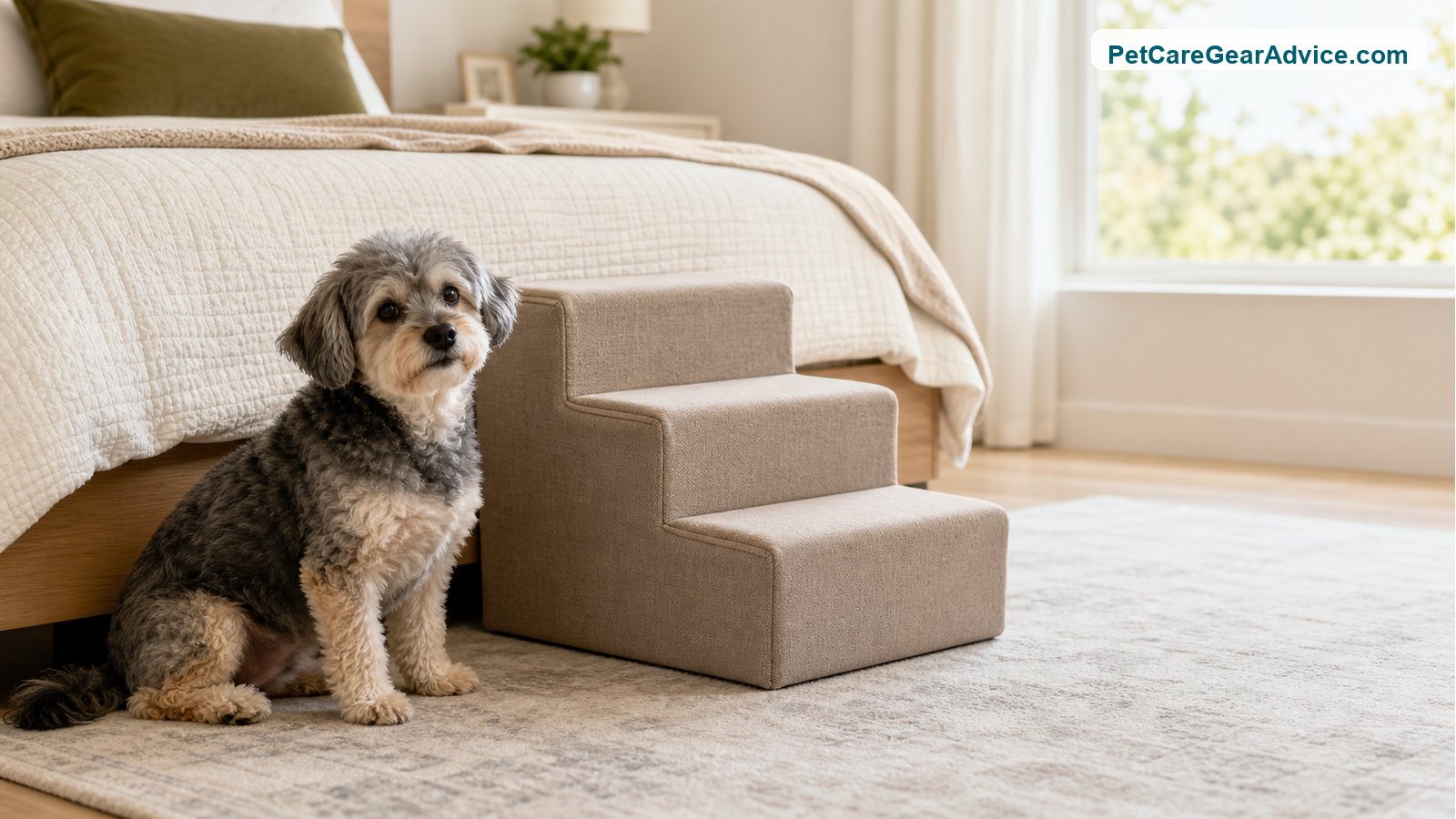 Small senior dog beside dog stairs near a bed
