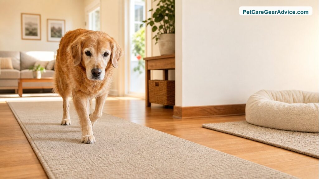 Older dog walking safely on a non-slip rug over hardwood flooring