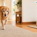 Older dog walking safely on a non-slip rug over hardwood flooring