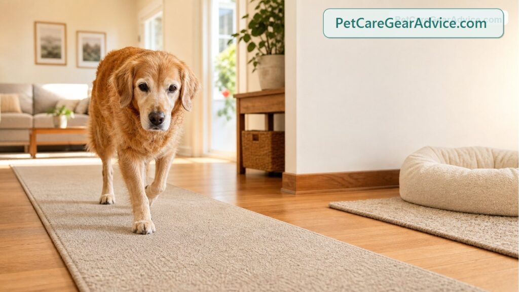 Older dog walking across a non-slip rug indoors