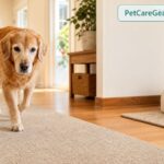 Older dog walking across a non-slip rug indoors