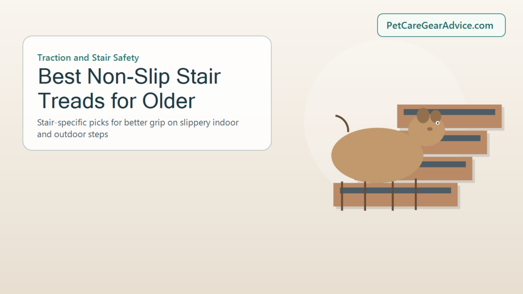 Older dog standing calmly on stairs with visible non-slip stair treads
