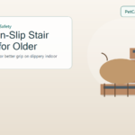Older dog standing calmly on stairs with visible non-slip stair treads