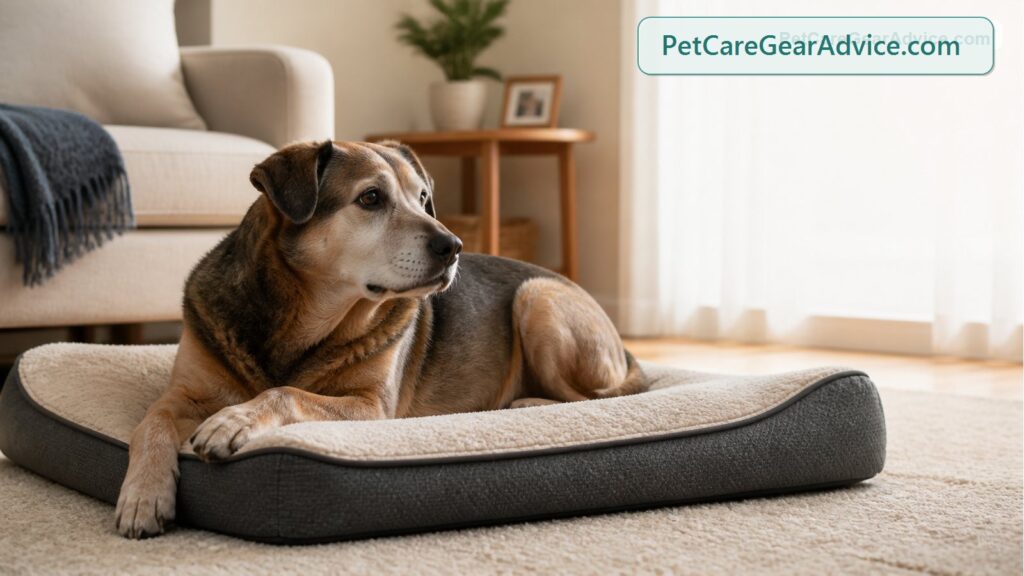 Senior dog resting on a supportive orthopedic dog bed
