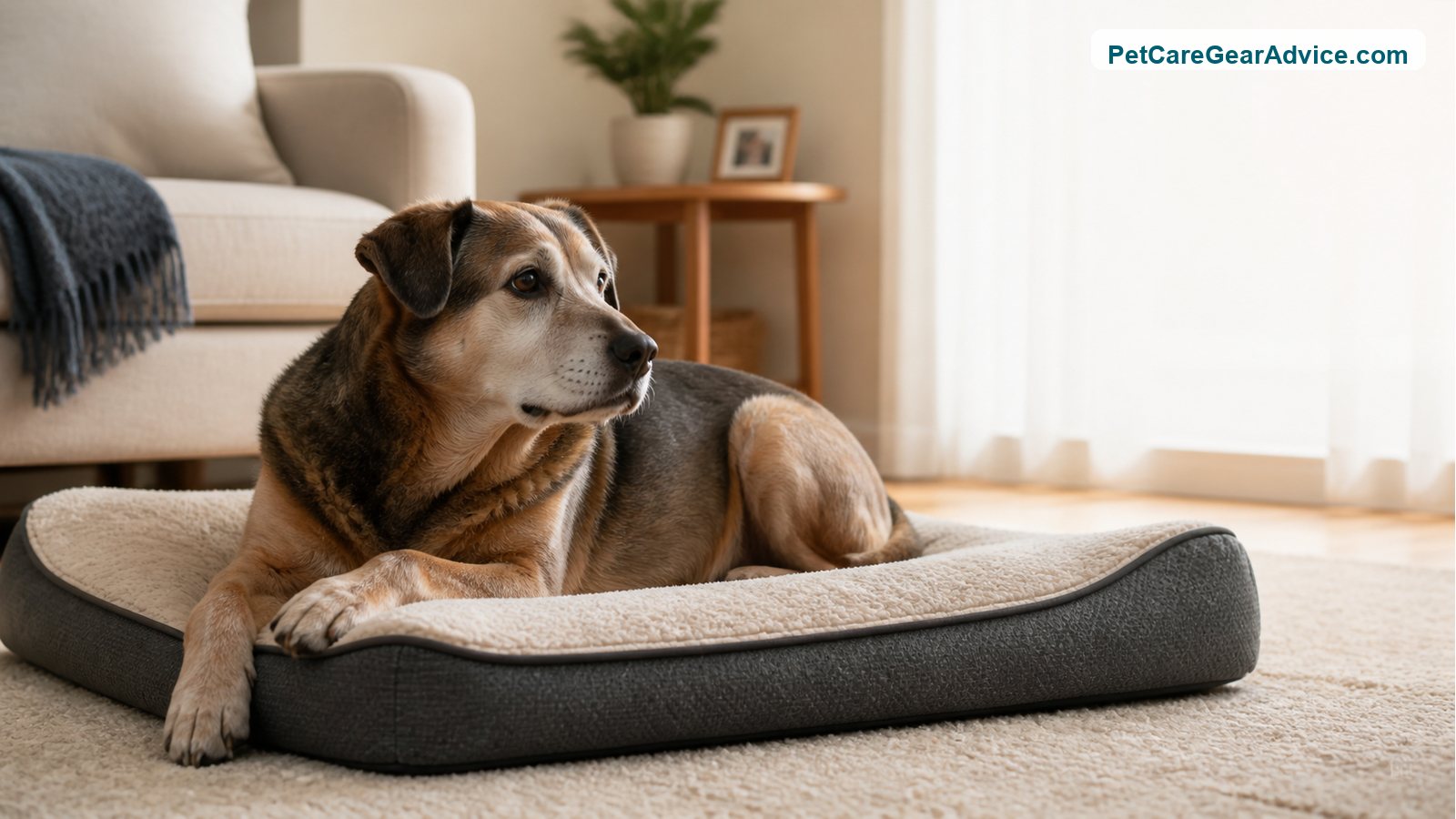 Senior dog resting on a supportive orthopedic dog bed