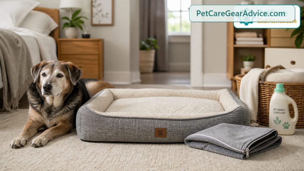 Older dog resting on a washable dog bed with a removable cover look