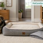 Older dog resting on a washable dog bed with a removable cover look