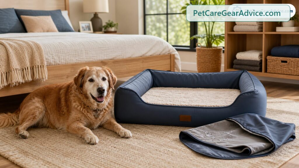 Older dog resting on a waterproof dog bed in a clean home setting