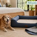 Older dog resting on a waterproof dog bed in a clean home setting