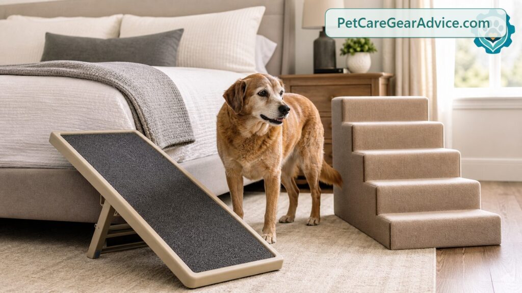 Dog ramp and dog stairs shown as two mobility-access options