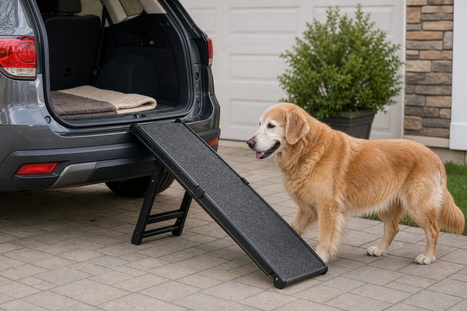 Foldable dog ramp for helping an older dog get into a car
