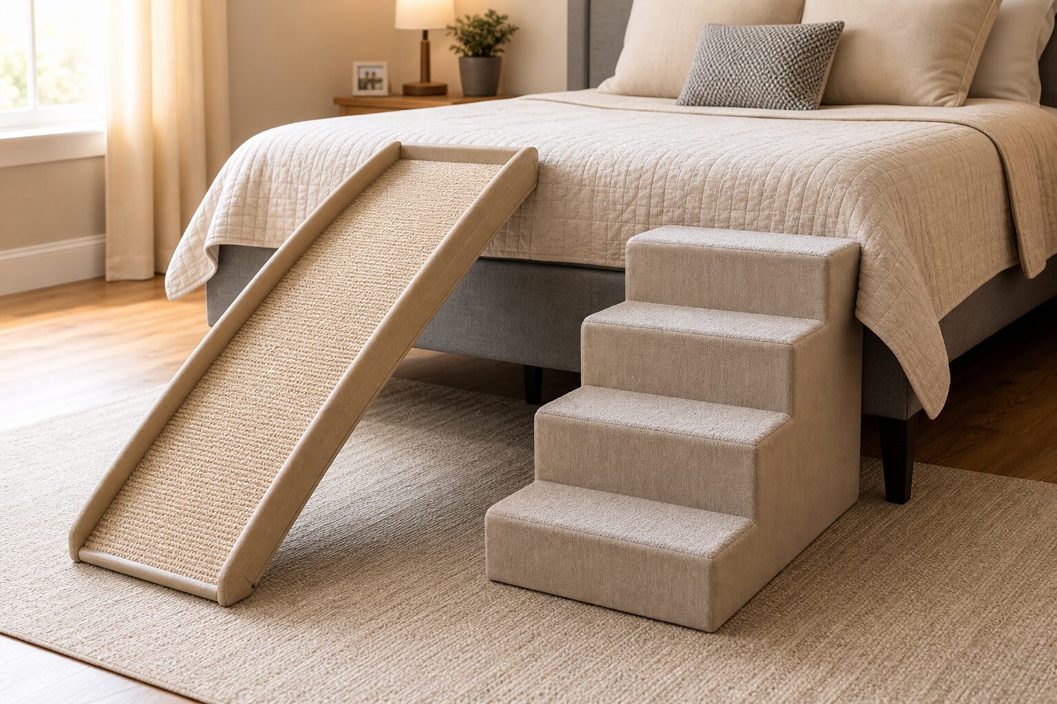 Comparison of a gentle dog ramp and low dog stairs beside a bed