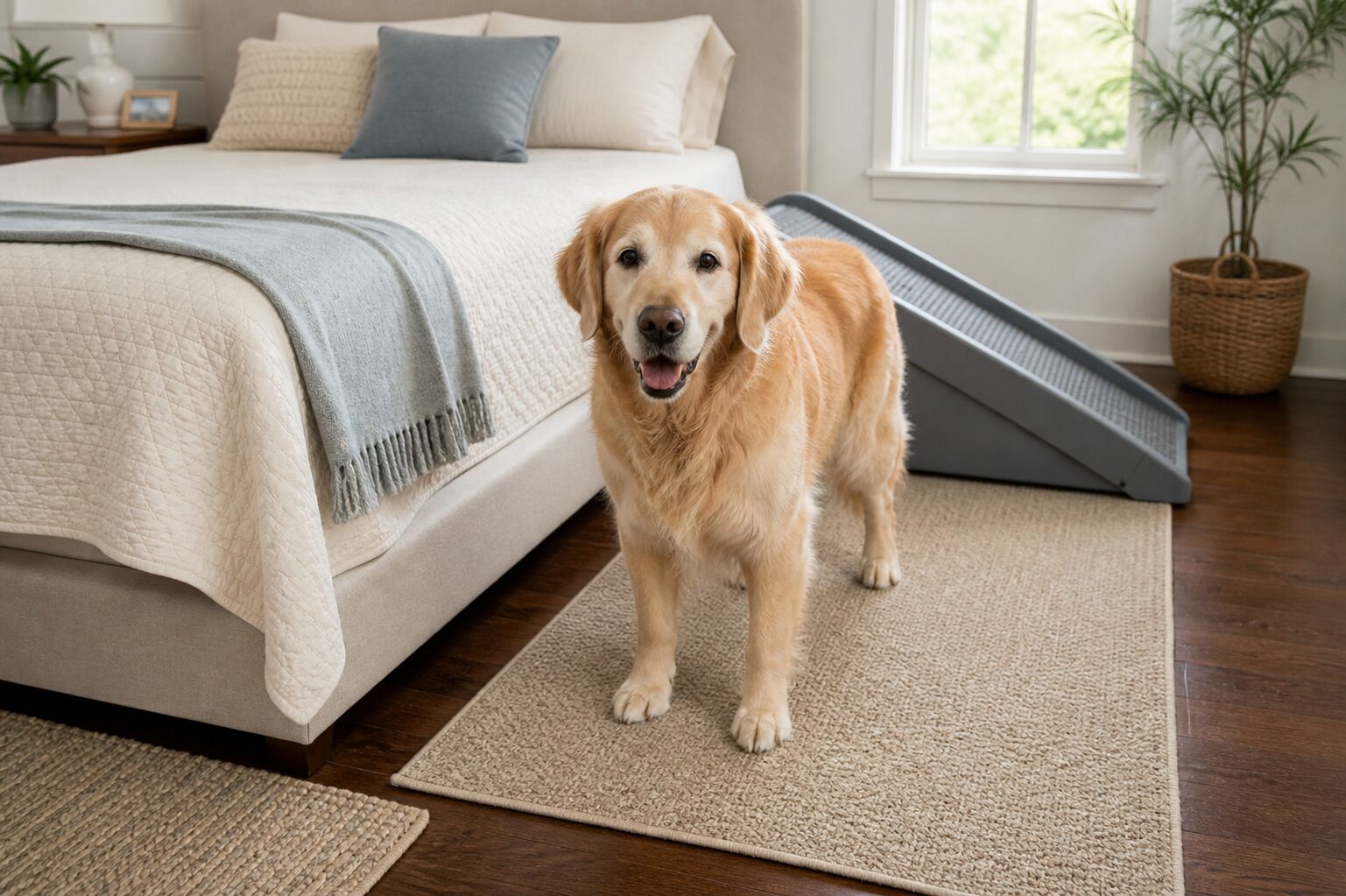 Non-slip rug beside a bed for safer dog footing
