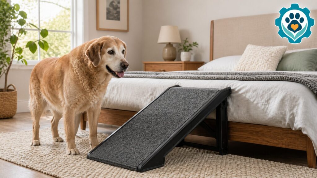 Older dog standing beside a bed with a ramp for safer access