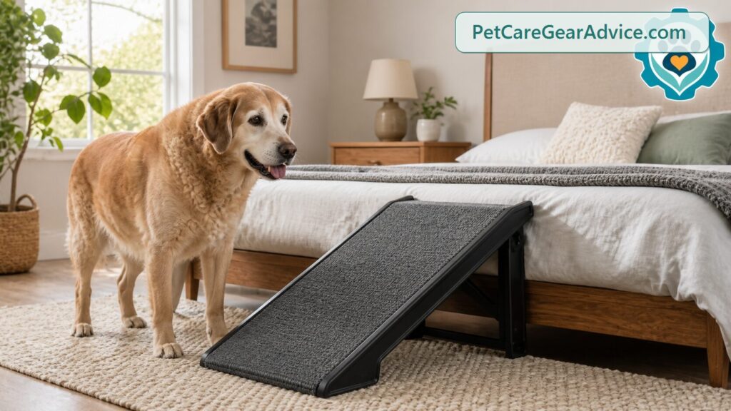 Older dog using safer bed-access support at home