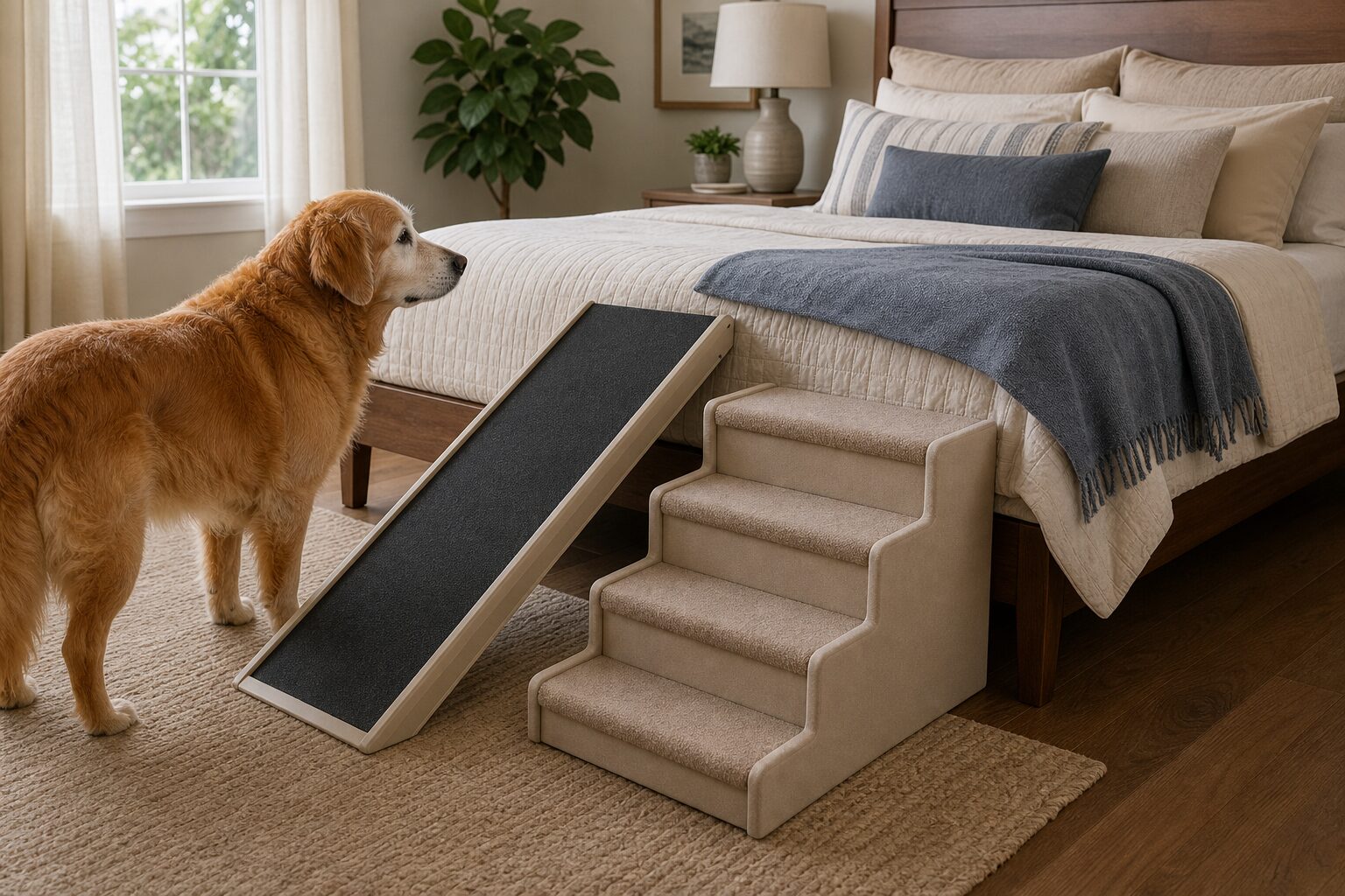 Older dog beside a bed with ramp and stairs options nearby