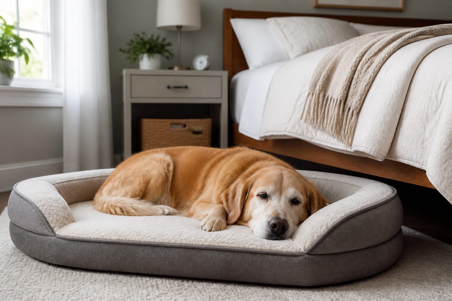 Orthopedic dog bed placed near a bed for an older dog