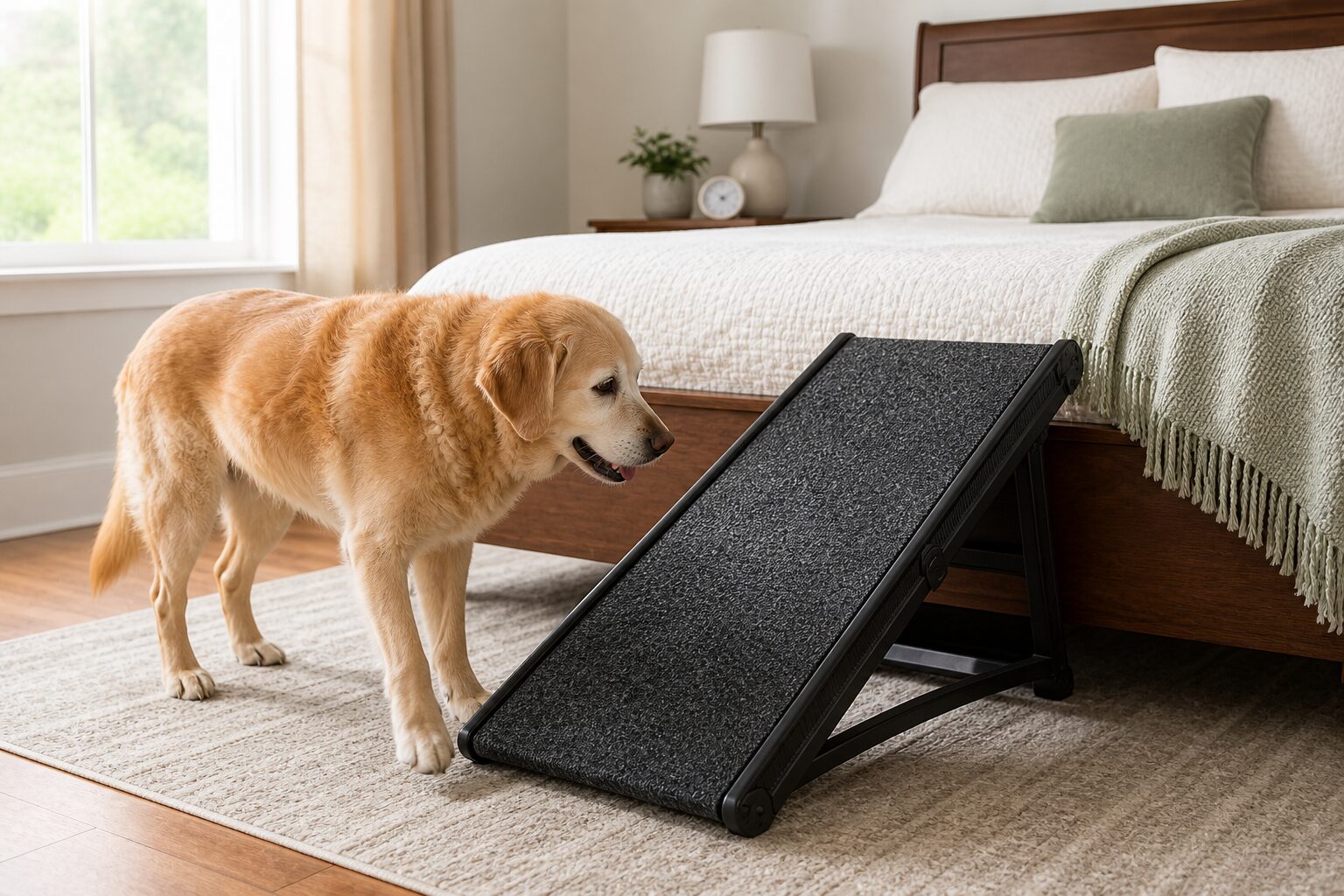 Senior dog approaching a ramp beside a bed