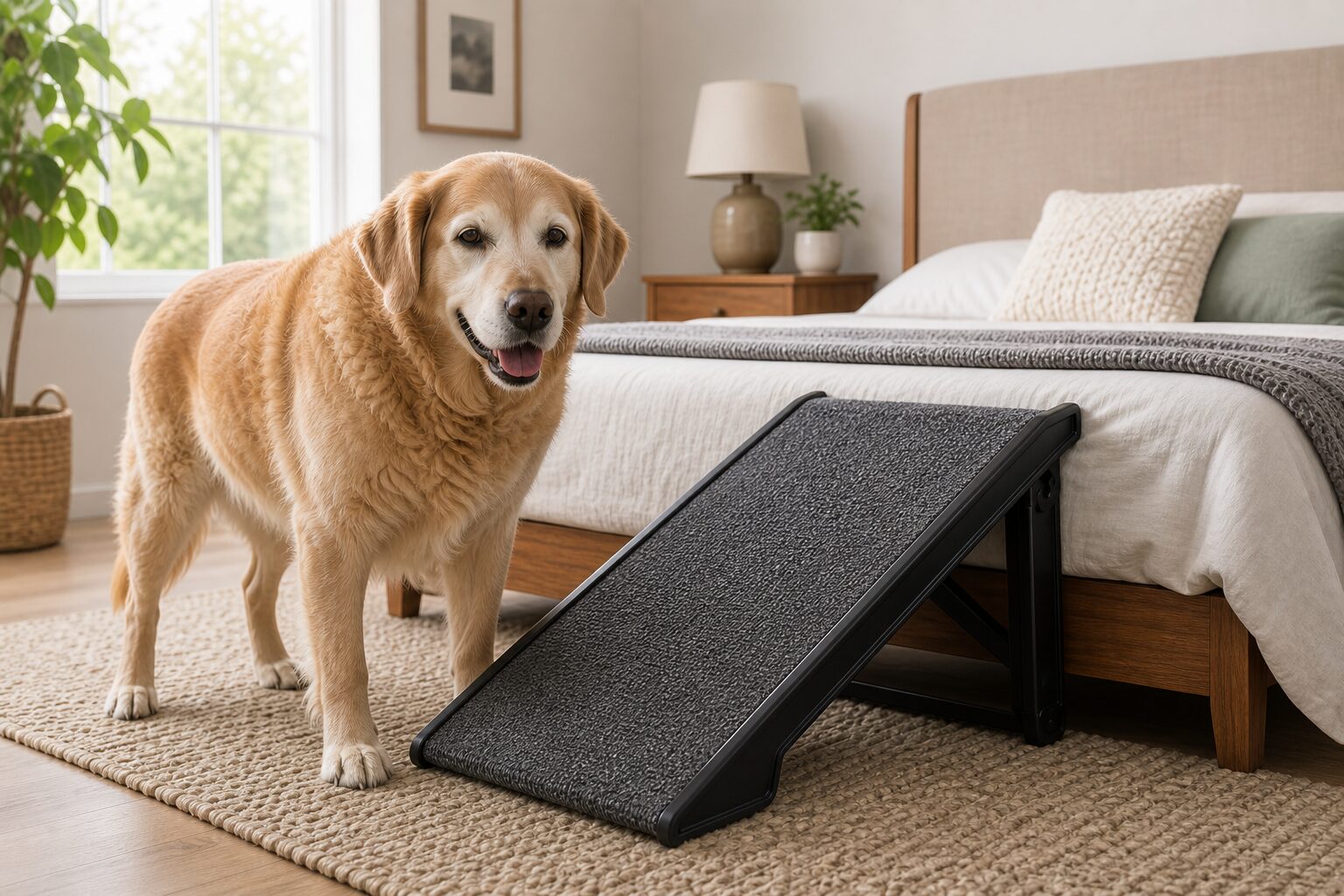 Senior dog near an indoor ramp beside a bed