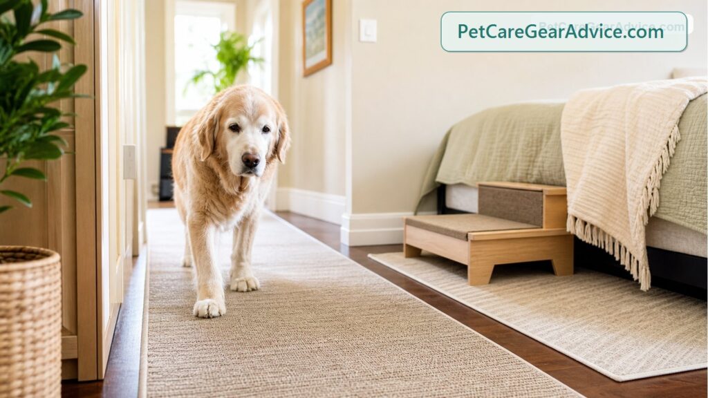 Senior dog standing comfortably in a safer home setup
