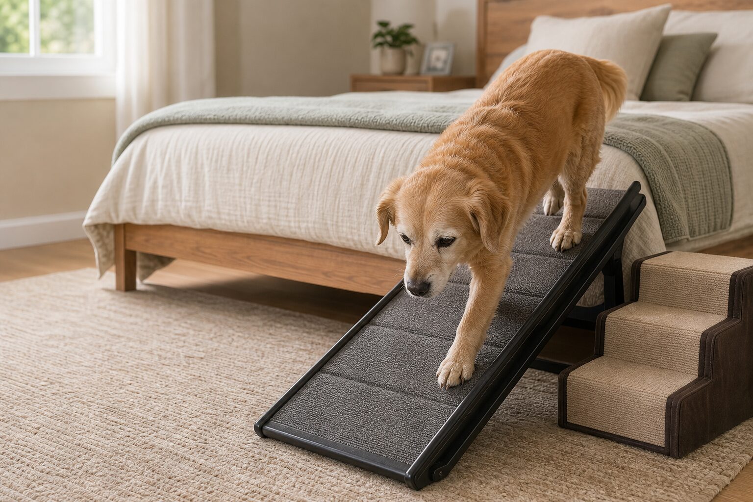 Senior dog using safe non-slip access gear near a bed