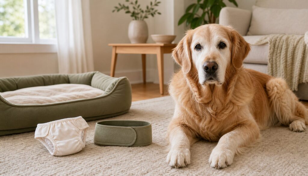 Older dog resting near a washable dog diaper and male belly wrap in a clean home