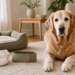 Older dog resting near a washable dog diaper and male belly wrap in a clean home