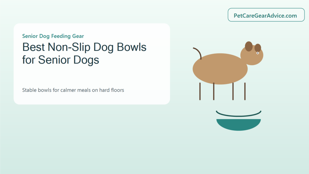 Senior dog beside stable non-slip food and water bowls on a clear floor