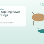 Senior dog beside stable non-slip food and water bowls on a clear floor