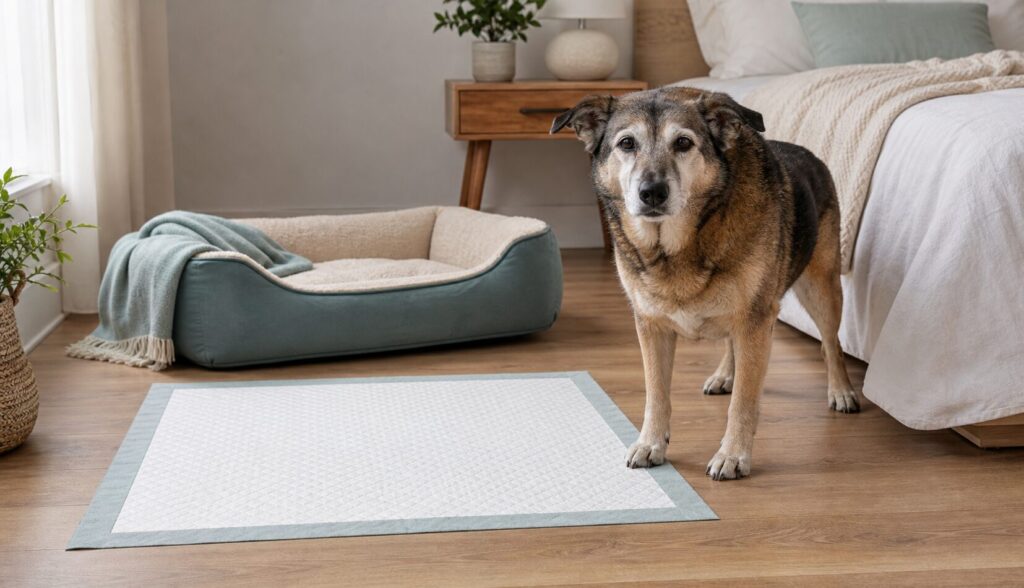 Older dog beside a flat washable pee pad and accessible resting area