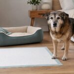 Older dog beside a flat washable pee pad and accessible resting area