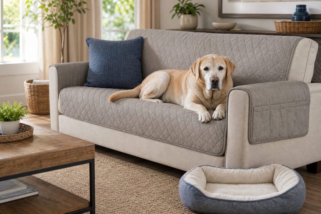 Older dog resting on a fitted neutral couch protector in a bright living room