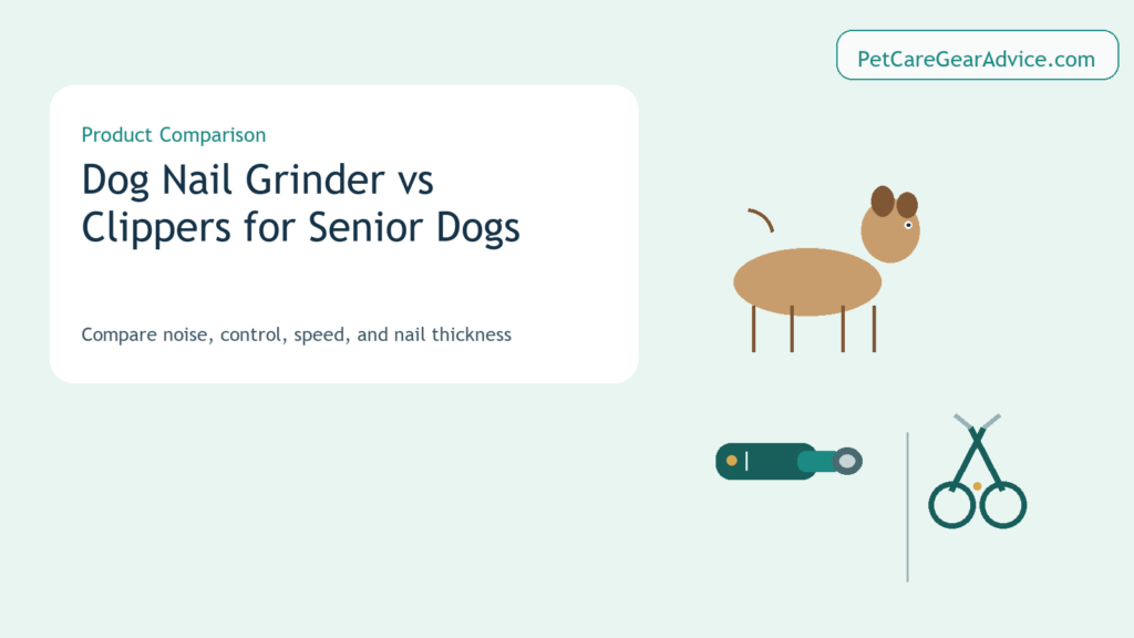 Dog nail grinder and nail clippers compared beside a senior dog