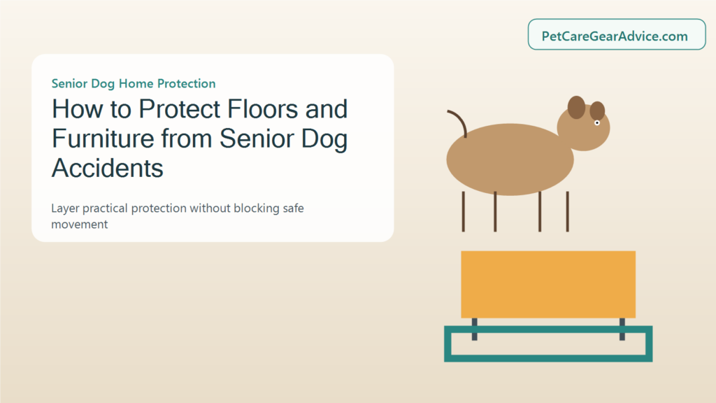 Layered senior dog cleanup zone protecting a floor, bed, and couch
