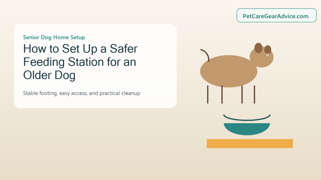 Well-lit senior dog feeding station with stable bowls and a clear walking route
