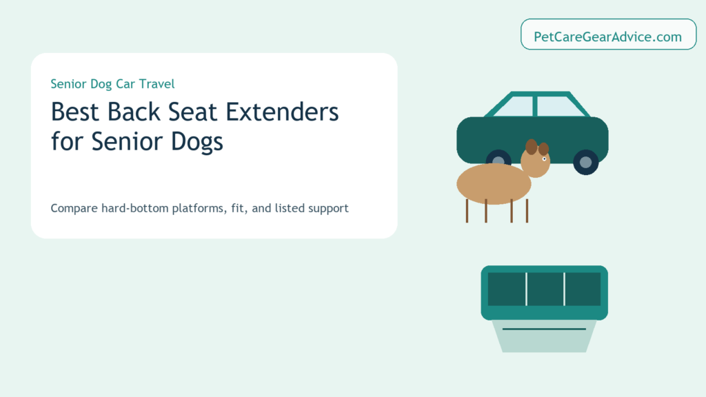 Senior dog beside a hard-bottom rear-seat extender platform in a car