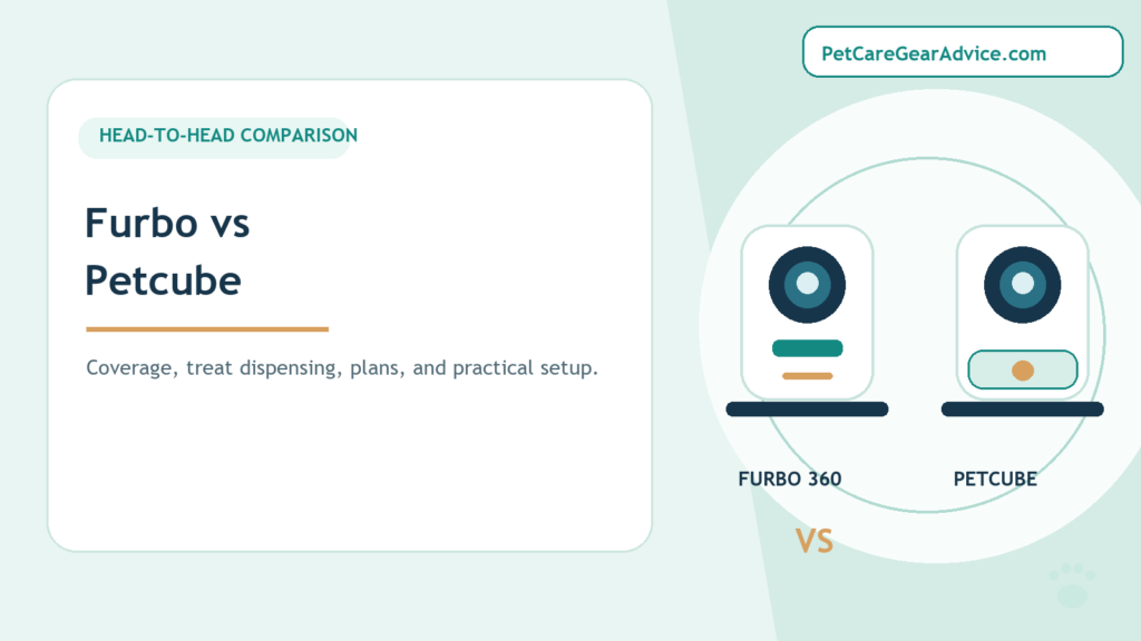 Furbo vs Petcube dog camera comparison editorial illustration with two generic indoor pet cameras